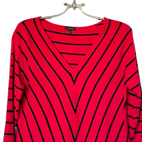 Talbots V-Neck Chevron Bias‎ Stripes Sweater Apple Red Black Size M - Picture 3 of 13